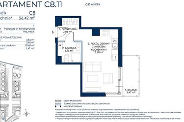 Rzut - Mieszkanie na sprzedaż 1 pokój o powierzchni 26,19 m² - numer C8.11 w Sol Marina etap III