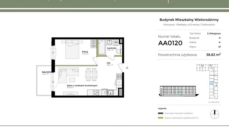 Rzut - Mieszkanie na sprzedaż 2 pokoje o powierzchni 38,83 m² - numer AA0120 w Orneko