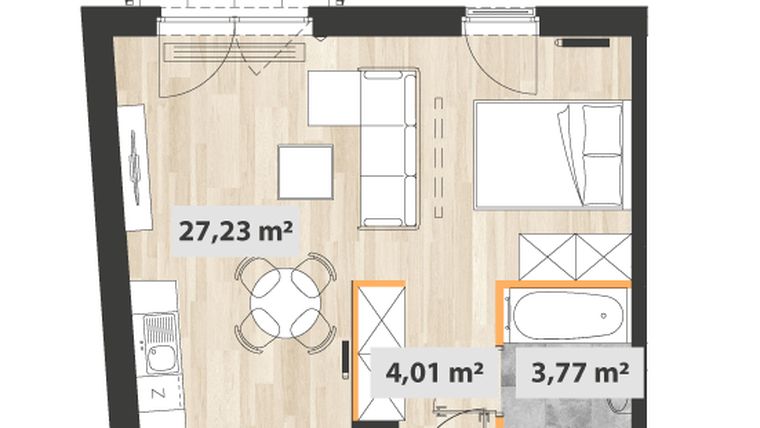 Rzut - Mieszkanie na sprzedaż 1 pokój o powierzchni 35,57 m² - numer A.03.01 w Na Okrzei