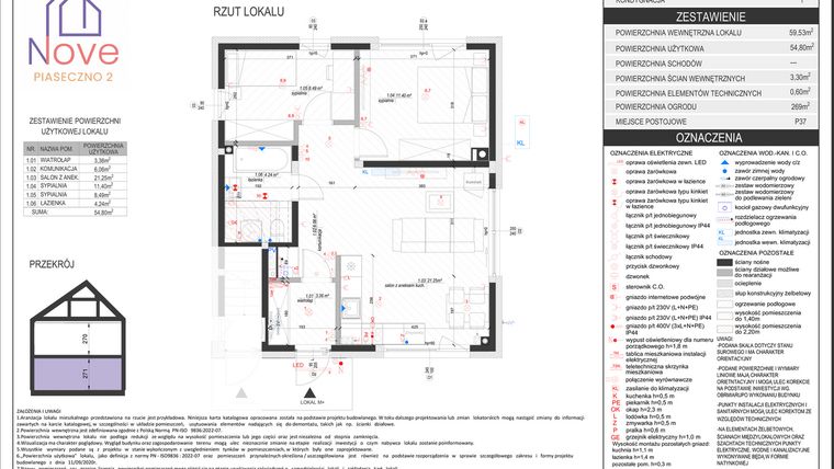 Rzut - Mieszkanie na sprzedaż 3 pokoje o powierzchni 54,8 m² - numer H1.1 w Nove Piaseczno 2 etap H