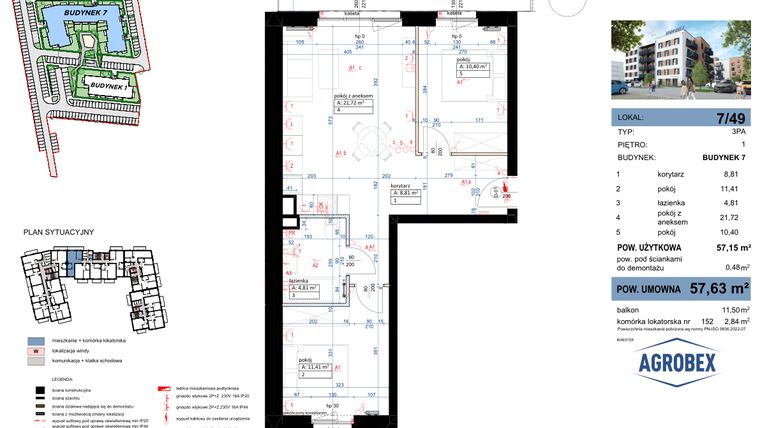 Rzut - Mieszkanie na sprzedaż 3 pokoje o powierzchni 57,63 m² - numer 7/49 w Nove Garby