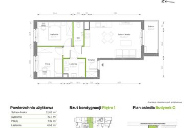Rzut - Mieszkanie na sprzedaż 3 pokoje o powierzchni 55,96 m² - numer C/033 w Bemosphere