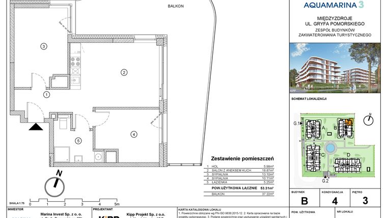 Rzut - Mieszkanie na sprzedaż 3 pokoje o powierzchni 53,44 m² - numer B4.05 w Aquamarina 3