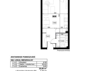 Rzut - Mieszkanie na sprzedaż 1 pokój o powierzchni 28,8 m² - numer M4 w Miejska Premium II