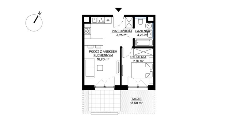Rzut - Mieszkanie na sprzedaż 2 pokoje o powierzchni 36,81 m² - numer M2 w KWADRAT etap 2