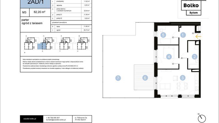 Rzut - Mieszkanie na sprzedaż 3 pokoje o powierzchni 62,2 m² - numer 2AD/1 w Osiedle Bolko etap II