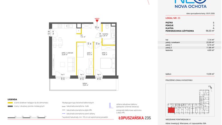 Rzut - Mieszkanie na sprzedaż 3 pokoje o powierzchni 55,95 m² - numer 26 w Neo Nova Ochota