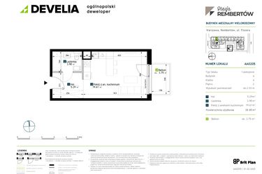 Rzut - Mieszkanie na sprzedaż 1 pokój o powierzchni 28,88 m² - numer AA0205 w Stacja Rembertów