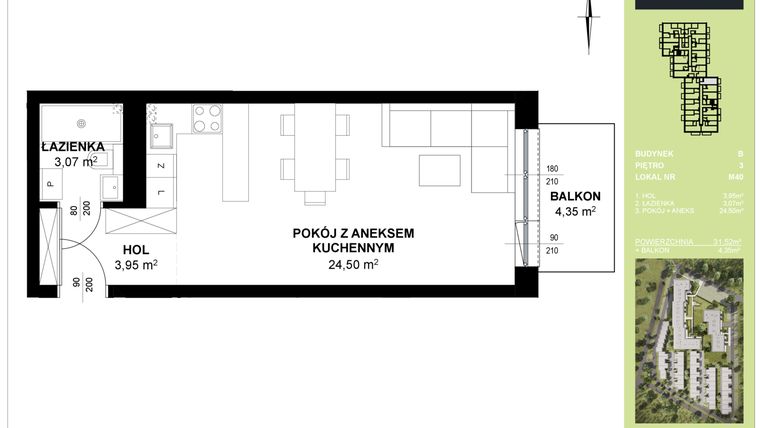 Rzut - Mieszkanie na sprzedaż 1 pokój o powierzchni 31,52 m² - numer B_M40 w Triton Kampinos III