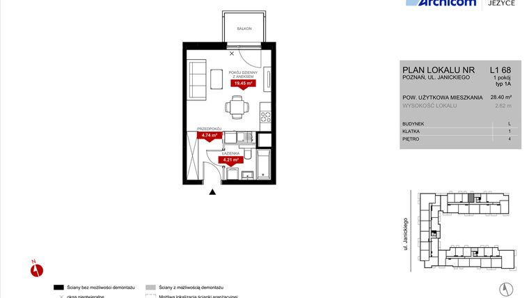 Rzut - Mieszkanie na sprzedaż 1 pokój o powierzchni 28,41 m² - numer L1.68 w Wieża Jeżyce etap VI