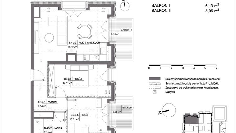 Rzut - Mieszkanie na sprzedaż 3 pokoje o powierzchni 70,91 m² - numer B.4.3 w Polanka 21