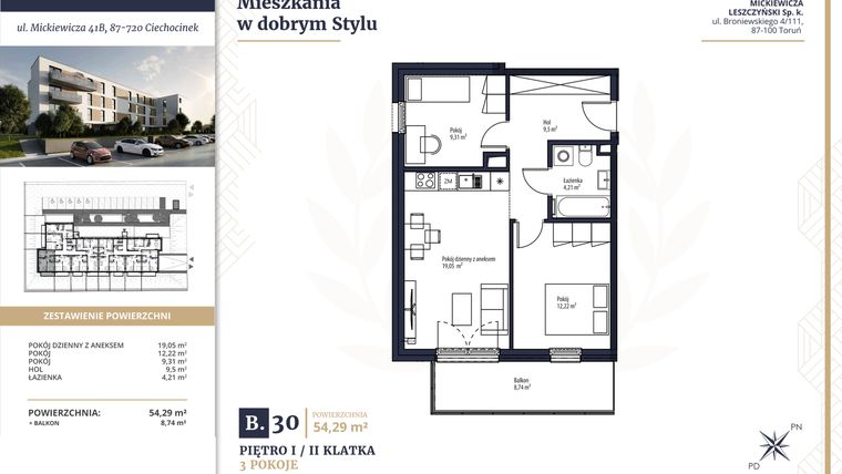 Rzut - Mieszkanie na sprzedaż 3 pokoje o powierzchni 54,29 m² - numer B30 w Mickiewicza