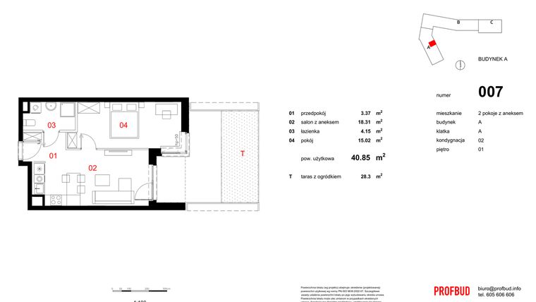 Rzut - Mieszkanie na sprzedaż 2 pokoje o powierzchni 40,85 m² - numer 007 w Osiedle Mocha Tower