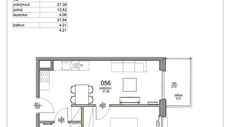 Rzut - Mieszkanie na sprzedaż 2 pokoje o powierzchni 37,84 m² - numer 56 w Rezydencja Liwska 3