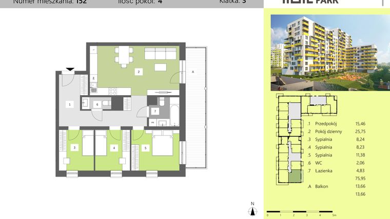 Rzut - Mieszkanie na sprzedaż 4 pokoje o powierzchni 75,95 m² - numer 152 w Dworzysko Park - Etap II