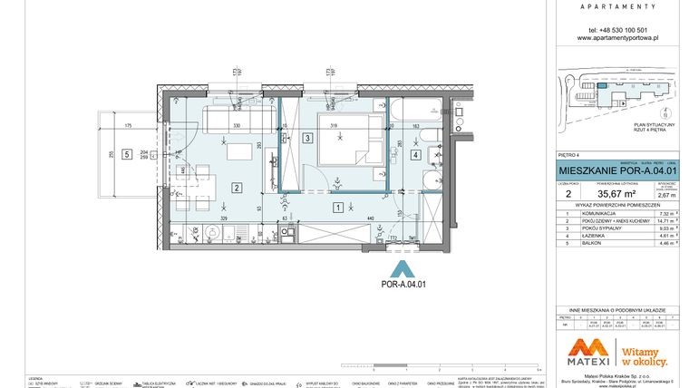 Rzut - Mieszkanie na sprzedaż 2 pokoje o powierzchni 35,67 m² - numer A.04.01 w Apartamenty Portowa