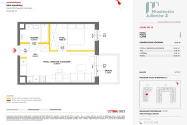 Rzut - Mieszkanie na sprzedaż 2 pokoje o powierzchni 37,61 m² - numer 15 w Miasteczko Julianów etap 2
