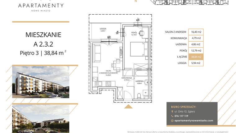 Rzut - Mieszkanie na sprzedaż 2 pokoje o powierzchni 38,84 m² - numer A2.3.2 w Apartamenty Nowe Miasto