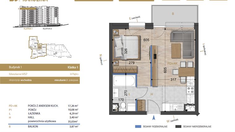 Rzut - Mieszkanie na sprzedaż 2 pokoje o powierzchni 35,03 m² - numer 57 w Osiedle Dakar Karolina