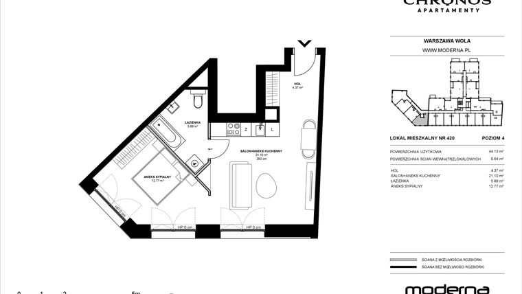 Rzut - Mieszkanie na sprzedaż 2 pokoje o powierzchni 44,13 m² - numer 420 w Chronos etap II