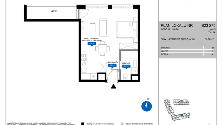 Rzut - Mieszkanie na sprzedaż 1 pokój o powierzchni 34,68 m² - numer B23 275 w Flow - bud. B2 A i bud. B2 B