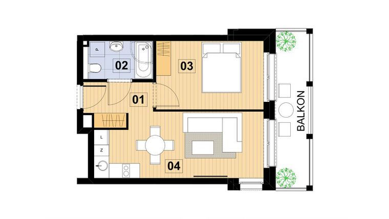 Rzut - Mieszkanie na sprzedaż 2 pokoje o powierzchni 37,46 m² - numer L8 w Green Park Resort III