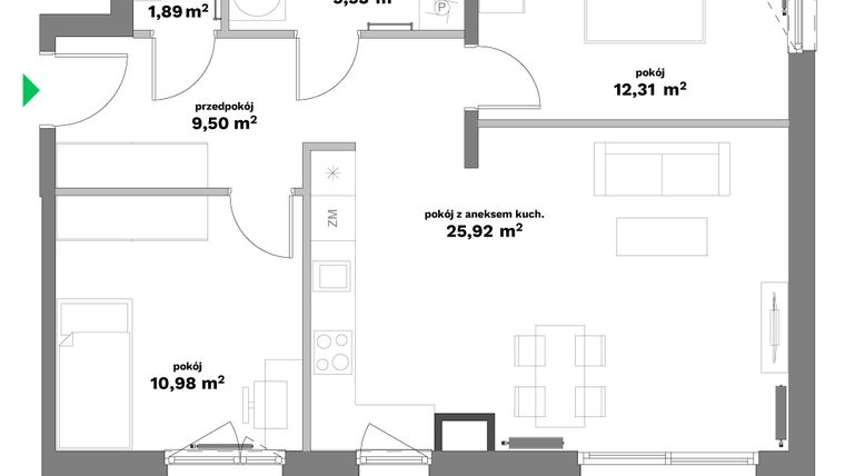 Rzut - Mieszkanie na sprzedaż 2 pokoje o powierzchni 66,13 m² - numer B2-8 w Forma Otwarta etap II