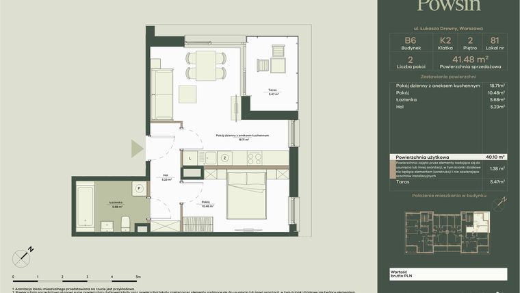 Rzut - Mieszkanie na sprzedaż 2 pokoje o powierzchni 41,48 m² - numer B6/81 w Onelife Powsin