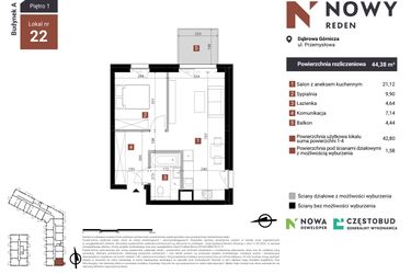Rzut - Mieszkanie na sprzedaż 2 pokoje o powierzchni 44,38 m² - numer A22 w Nowy Reden