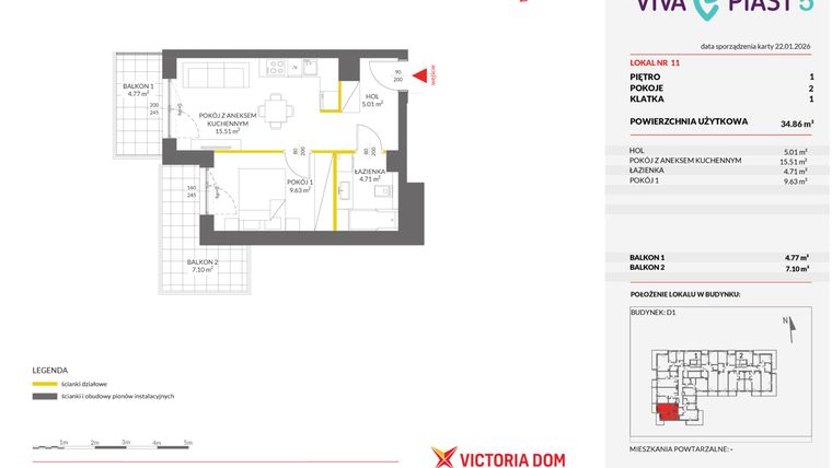 Rzut - Mieszkanie na sprzedaż 2 pokoje o powierzchni 34,8 m² - numer A.11 w Viva Piast 5