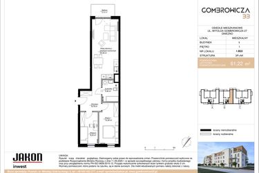 Rzut - Mieszkanie na sprzedaż 3 pokoje o powierzchni 61,22 m² - numer 1.B22 w Gombrowicza 33