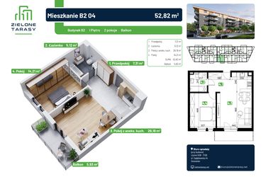 Rzut - Mieszkanie na sprzedaż 2 pokoje o powierzchni 52,82 m² - numer B2.04 w Zielone Tarasy