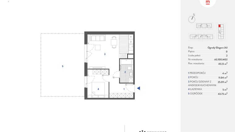 Rzut - Mieszkanie na sprzedaż 2 pokoje o powierzchni 44,83 m² - numer A3.100.M02 w Mieszkaj w mieście - Ogrody Glogera