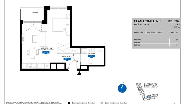 Rzut - Mieszkanie na sprzedaż 1 pokój o powierzchni 38,42 m² - numer B23 302 w Flow - bud. B2 A i bud. B2 B