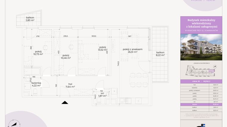 Rzut - Mieszkanie na sprzedaż 4 pokoje o powierzchni 78,96 m² - numer M30 w Dominikanów