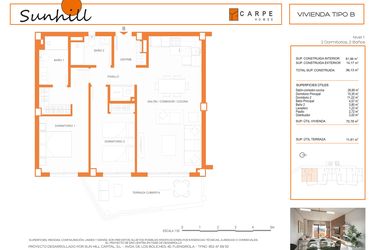 Rzut - Mieszkanie na sprzedaż 2 pokoje o powierzchni 96,13 m² - numer B1 w Sunhill