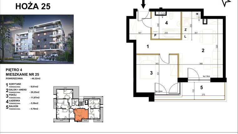 Rzut - Mieszkanie na sprzedaż 2 pokoje o powierzchni 46,32 m² - numer 25 w Hoża 25