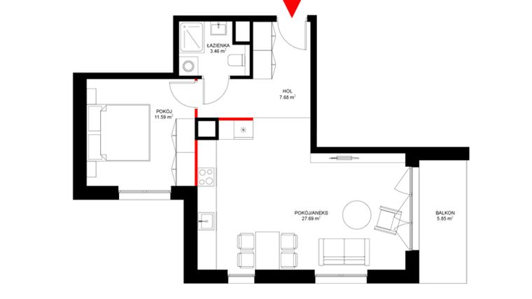 Rzut - Mieszkanie na sprzedaż 2 pokoje o powierzchni 50,57 m² - numer F.1.2 w INSPIRE ETAP V – bud. F, G