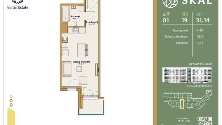 Rzut - Mieszkanie na sprzedaż 1 pokój o powierzchni 31,14 m² - numer M.19 w Skal
