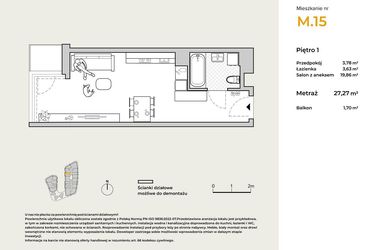 Rzut - Mieszkanie na sprzedaż 1 pokój o powierzchni 27,27 m² - numer M15 w Baja Piaśniki