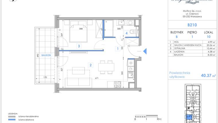 Rzut - Mieszkanie na sprzedaż 2 pokoje o powierzchni 40,23 m² - numer B210 w Rezydencja Niechorze II