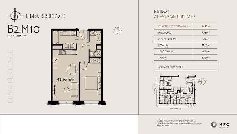 Rzut - Mieszkanie na sprzedaż 2 pokoje o powierzchni 46,97 m² - numer B2.M10 w Libra Residence