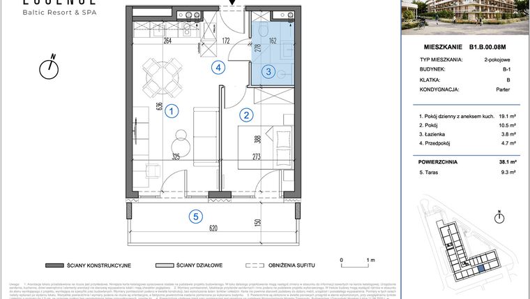 Rzut - Mieszkanie na sprzedaż 2 pokoje o powierzchni 38,1 m² - numer B1.B.00.08M w ESSENSE Baltic Resort&SPA 2
