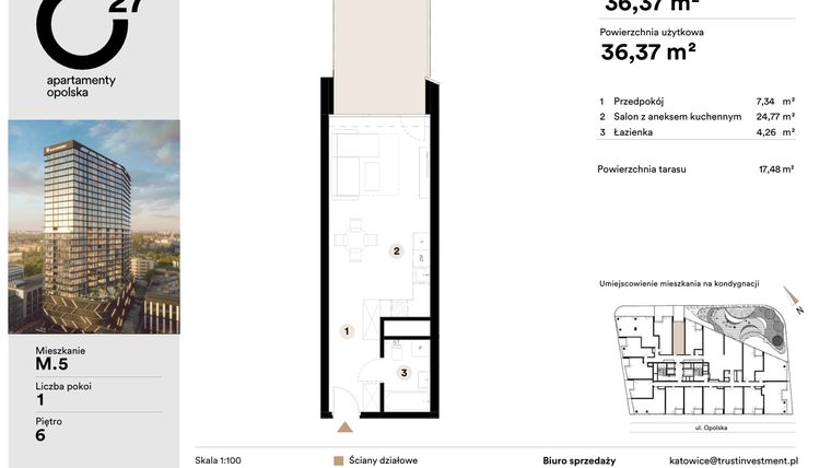 Rzut - Mieszkanie na sprzedaż 1 pokój o powierzchni 36,37 m² - numer M.5 w O27 Apartamenty Opolska
