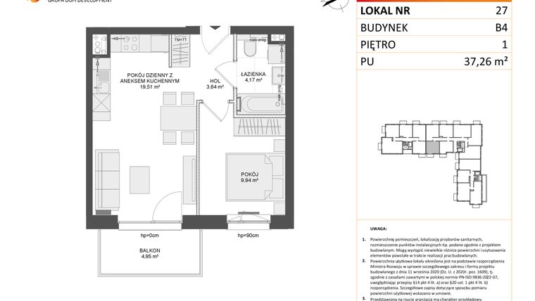 Rzut - Mieszkanie na sprzedaż 2 pokoje o powierzchni 37,26 m² - numer B4.27 w Osiedle Przy Błoniach 3 etap III