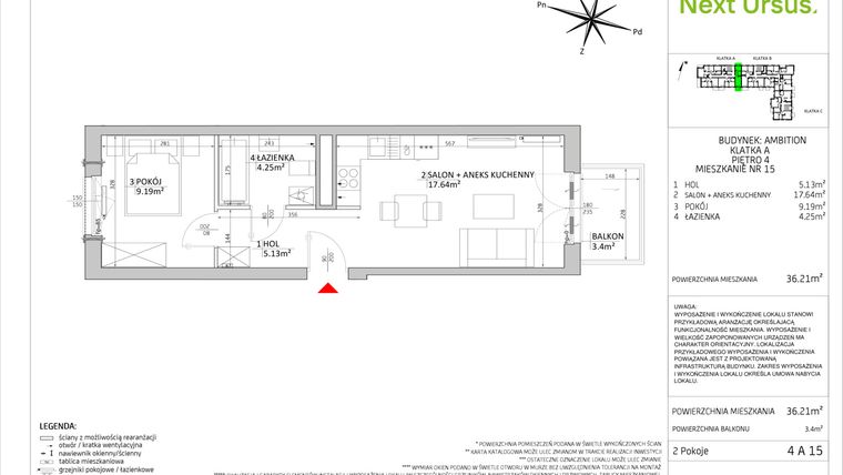 Rzut - Mieszkanie na sprzedaż 2 pokoje o powierzchni 36,21 m² - numer AM/4 A 15 w Next Ursus