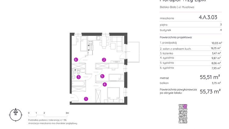 Rzut - Mieszkanie na sprzedaż 4 pokoje o powierzchni 55,73 m² - numer 4.A.3.03 w Murapol Trzy Lipki