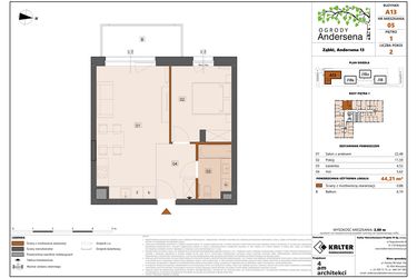 Rzut - Mieszkanie na sprzedaż 2 pokoje o powierzchni 44,21 m² - numer 5A w Ogrody Andersena