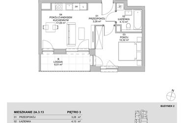 Rzut - Mieszkanie na sprzedaż 2 pokoje o powierzchni 36,82 m² - numer 2A.3.13 w Francuska Park VIIIA