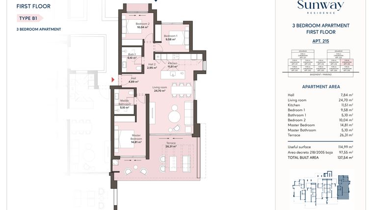 Rzut - Mieszkanie na sprzedaż 3 pokoje o powierzchni 115 m² - numer 215 w Sunway
